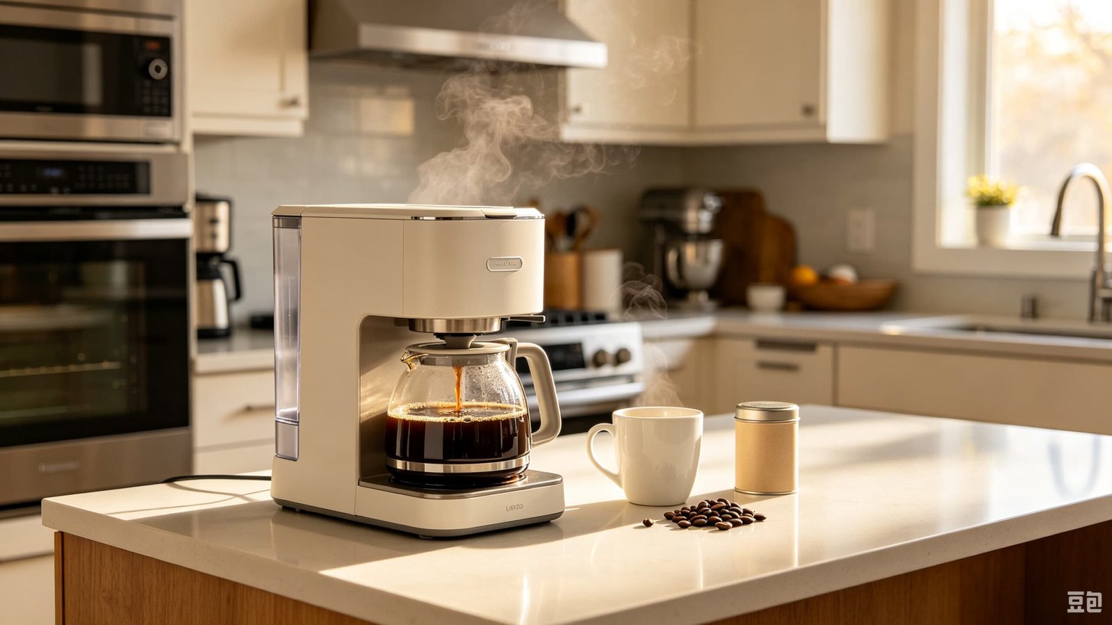 Drip coffee maker with glass carafe on a kitchen countertop