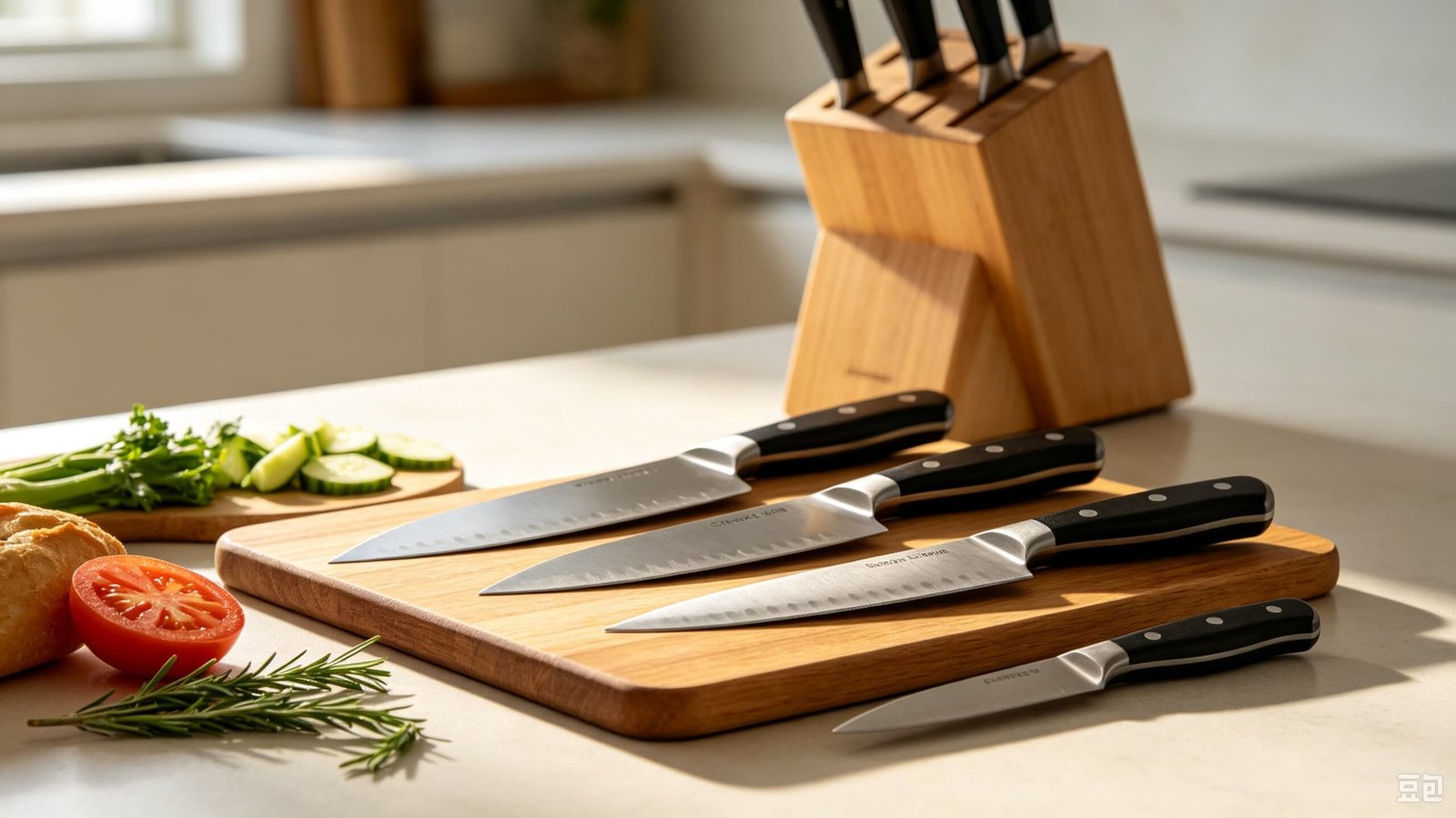 Kitchen knives and cutlery arranged on a wooden cutting board