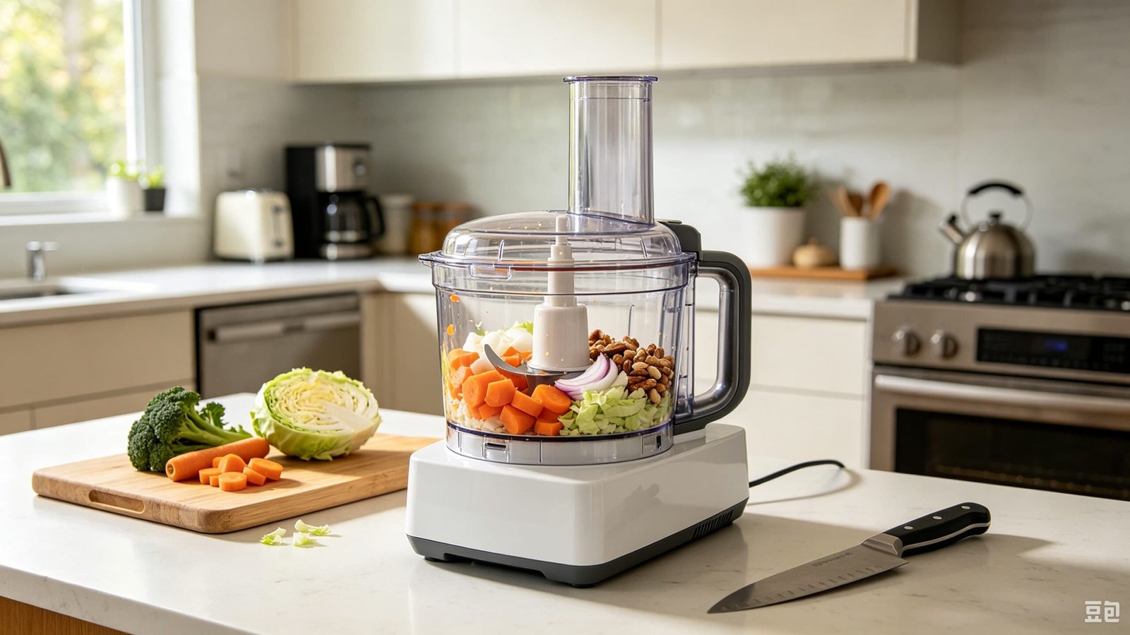 Food processor with chopped vegetables on a modern kitchen countertop