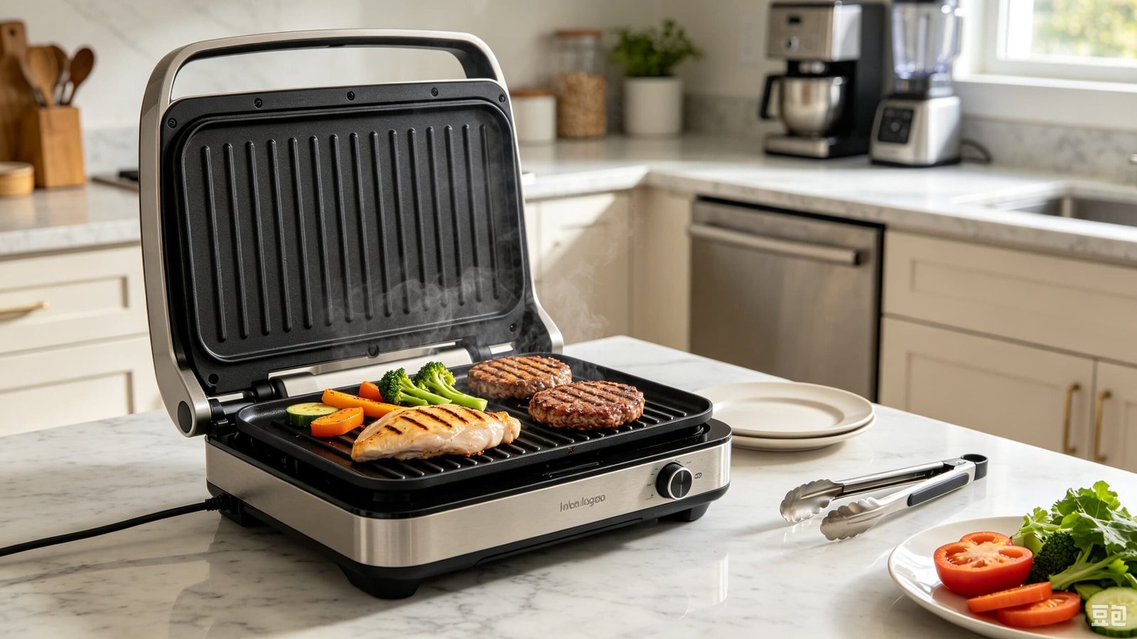 Indoor electric grill on a kitchen countertop