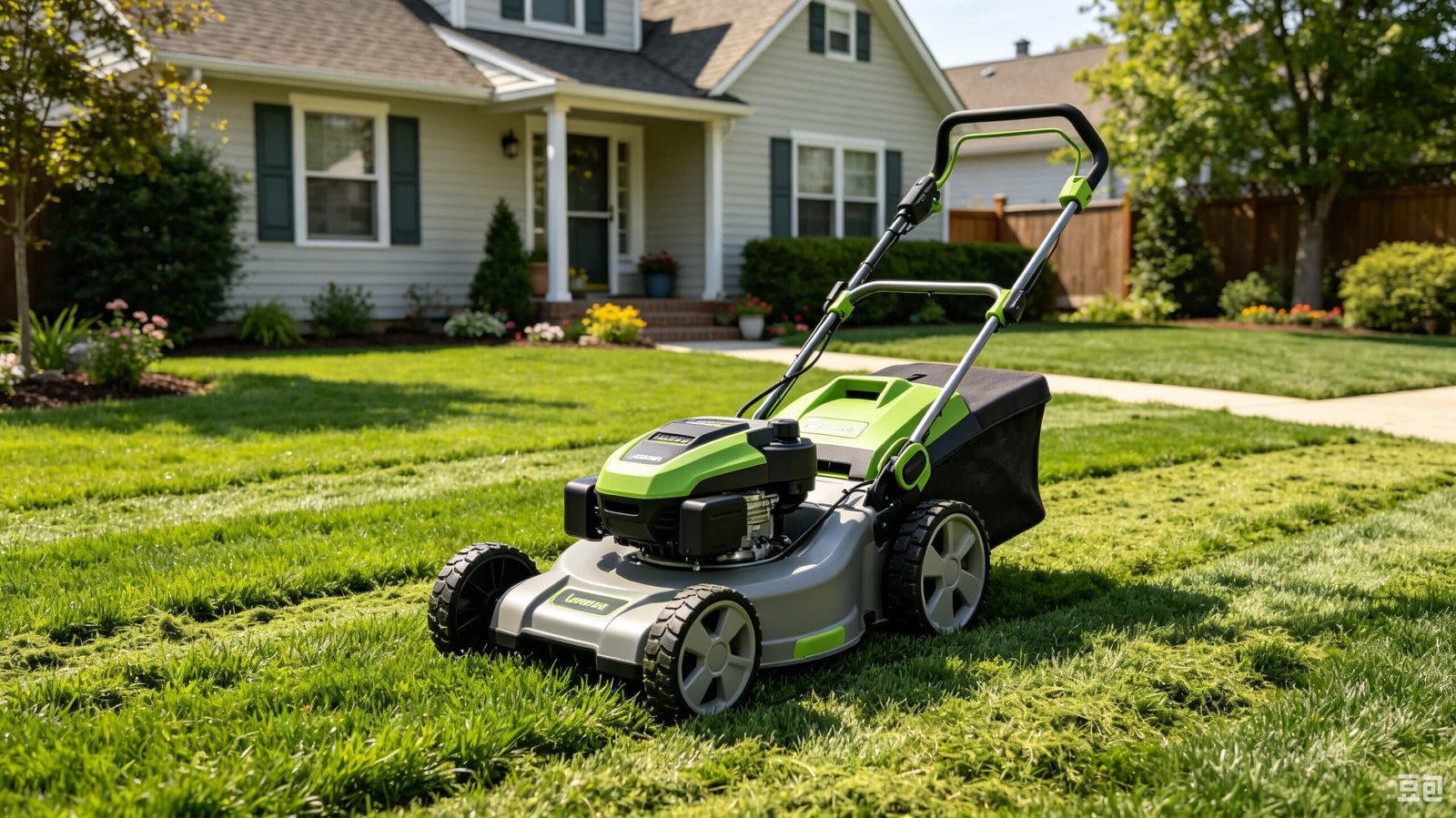 Lawn mower cutting residential grass